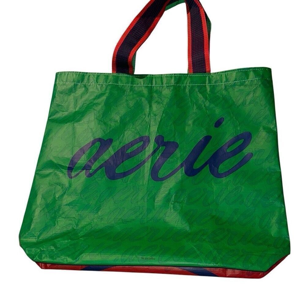 Aerie Green Red Blue Colorblock Smiley Reusable Shopper Tote Bag Ladies Large